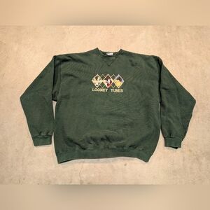 VTG 90s Warner Bros. Looney Tunes Green Sweater Taz Flaws